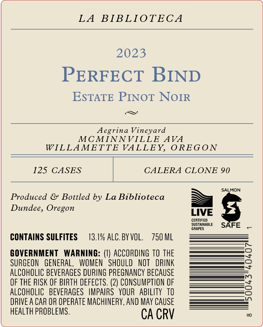 TABC label artwork for La Biblioteca Perfect Bind Pinot Noir