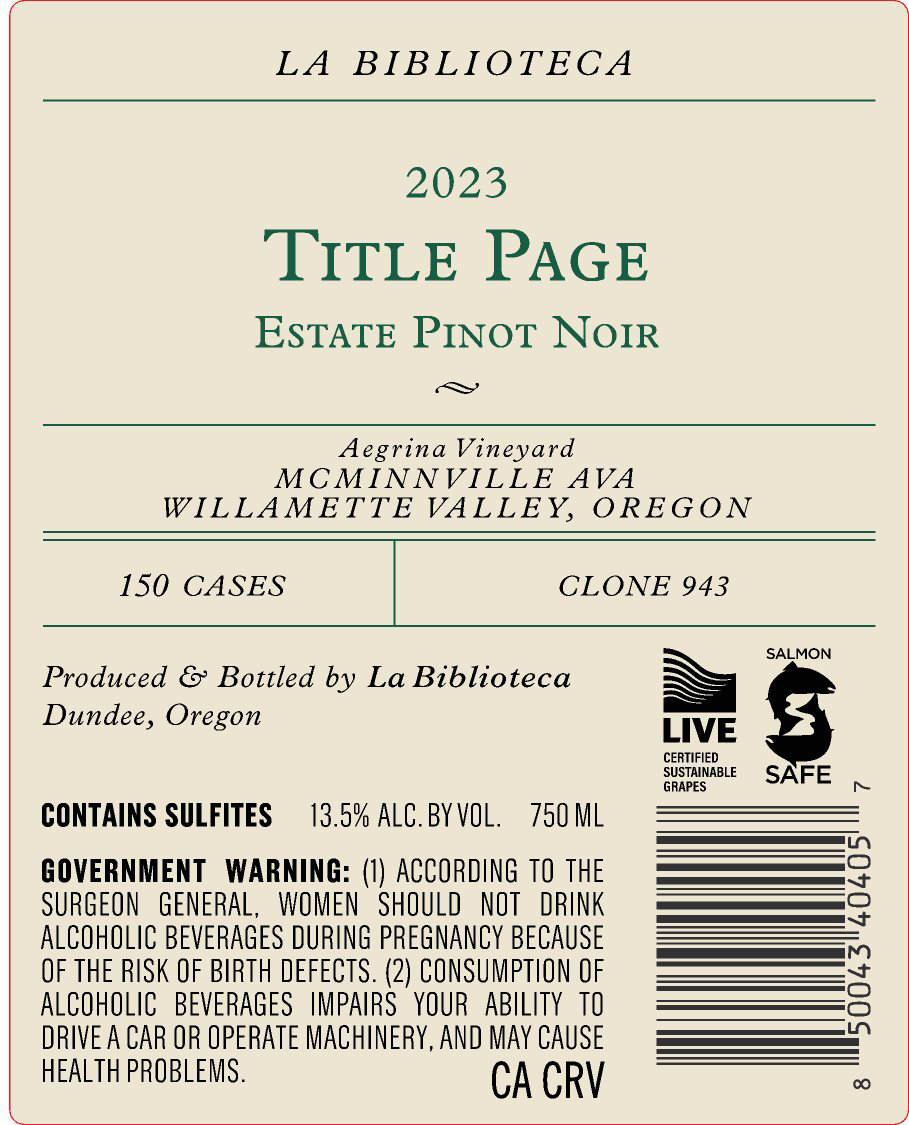 TABC label artwork for La Biblioteca Title Page Pinot Noir 23