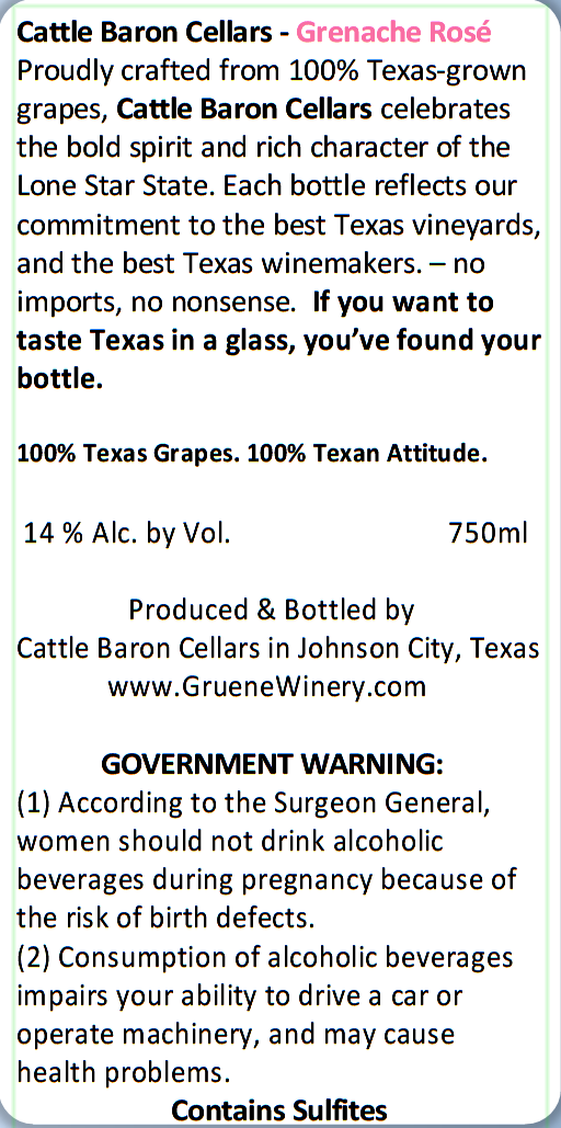 TABC label artwork for Cattle Baron Cellars Grenache Rose