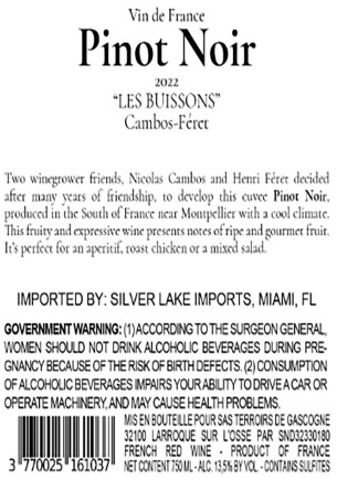 TABC label artwork for Cambos Feret Pinot Noir Les Buissons