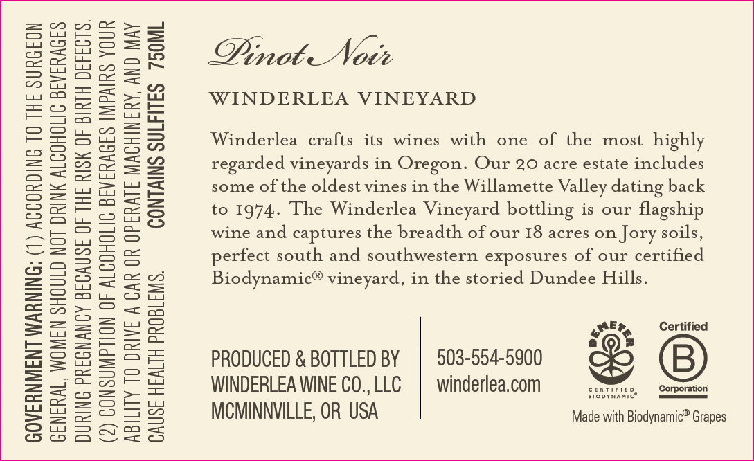 TABC label artwork for Winderlea Pinot Noir Winderlea Vineyard