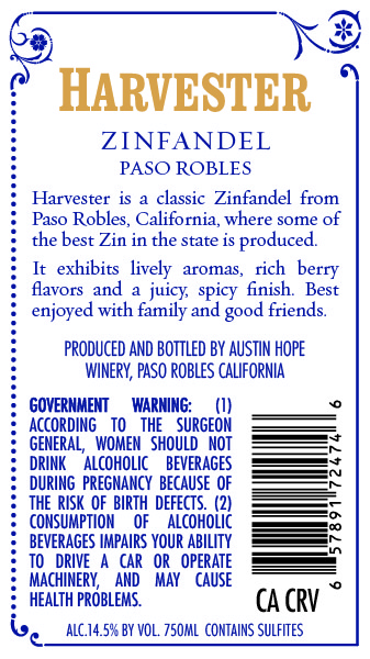 TABC label artwork for Harvester Zinfandel Paso Robles