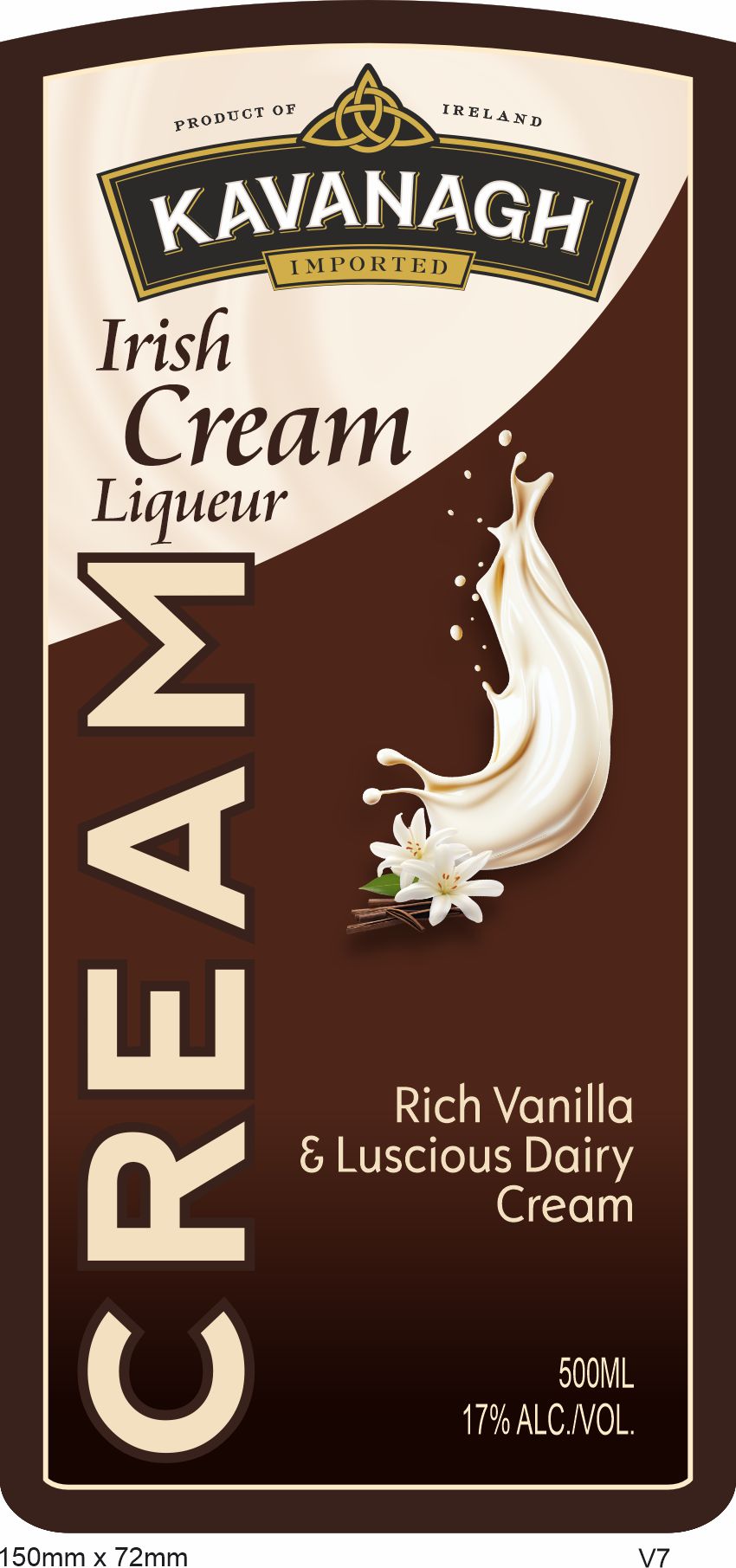 TABC label artwork for Kavanagh Irish Cream Liqueur Rich Vanilla & Luscious Dairy Cream