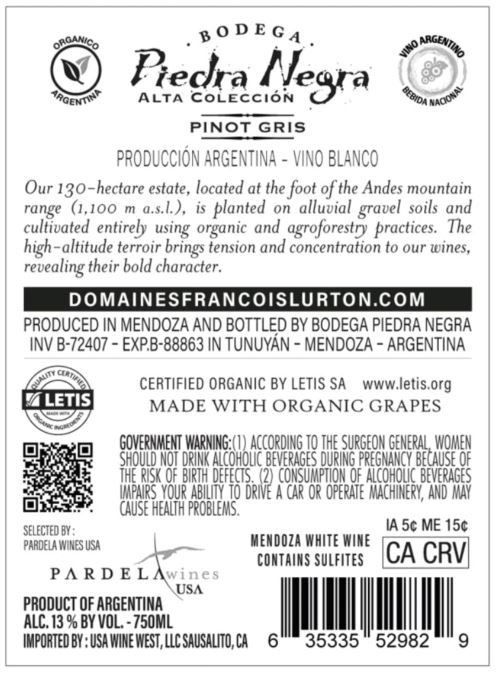 TABC label artwork for PIEDRA NEGRA ALTA COLECCION MENDOZA WHITE WINE