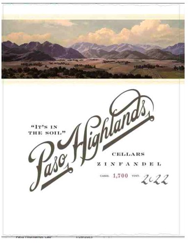 TABC label artwork for Paso Highlands Zinfandel