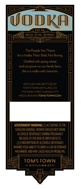 TABC label artwork for TOMS TOWN DOUBLE GRAIN VODKA