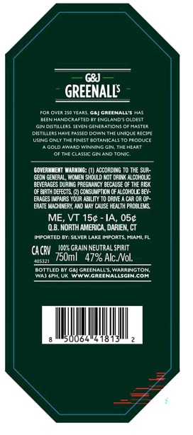 TABC label artwork for G&J Greenall's Emerald Star Gin