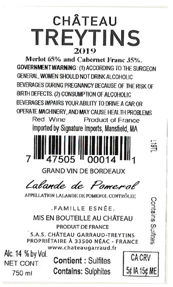 TABC label artwork for Chateau Treytins Lalande de Pomerol