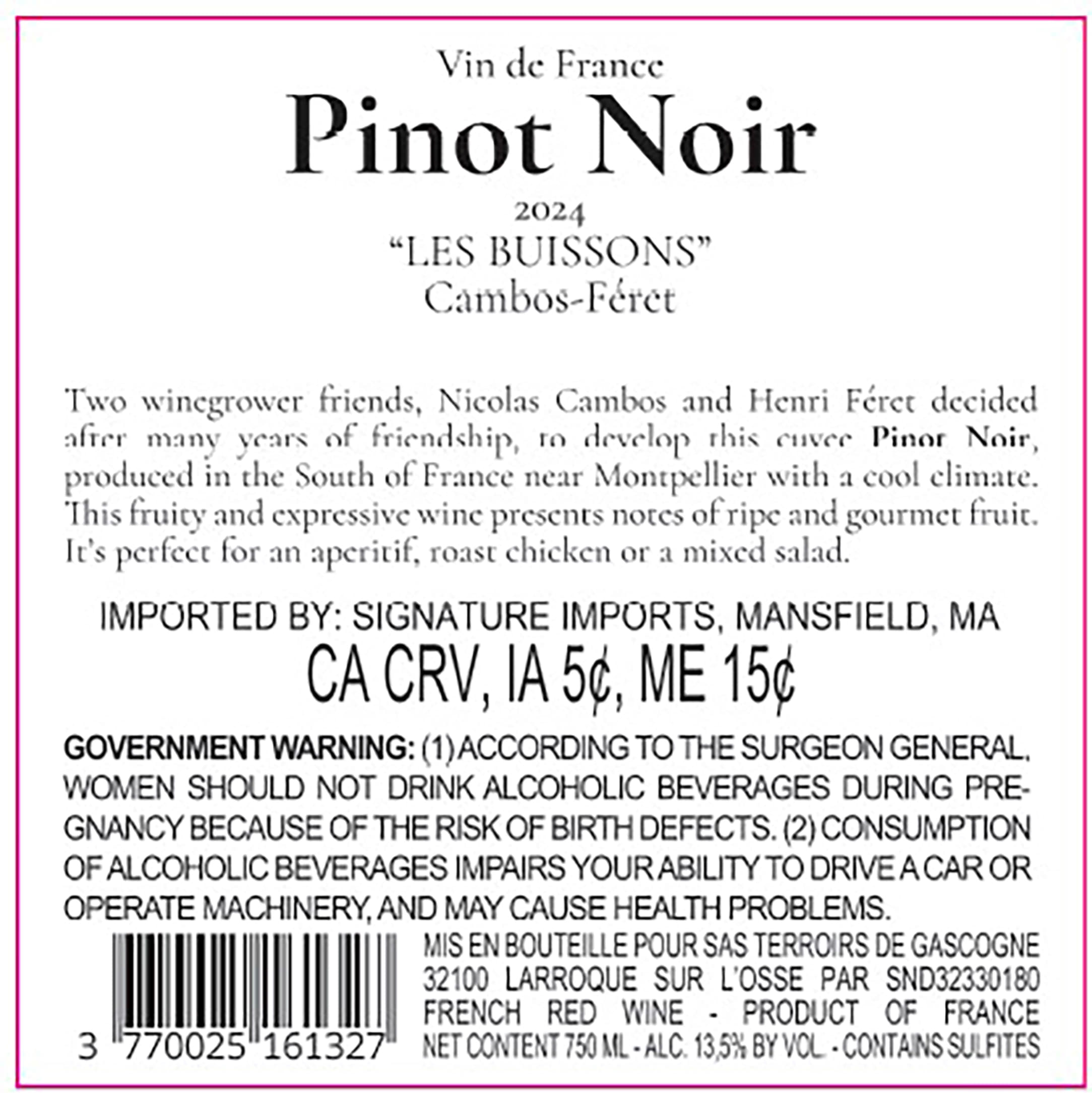 TABC label artwork for Cambos Feret Pinot Noir Les Buissons