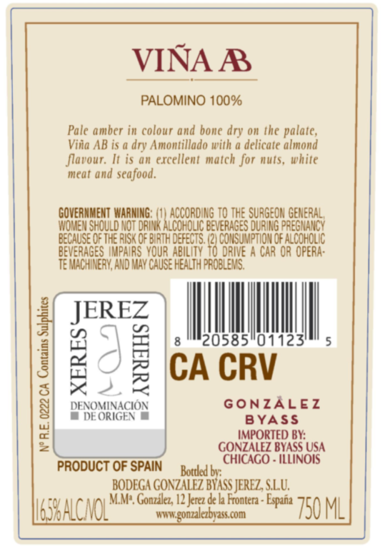 TABC label artwork for Gonzalez Byass Vina AB Palomino Jerez Sherry
