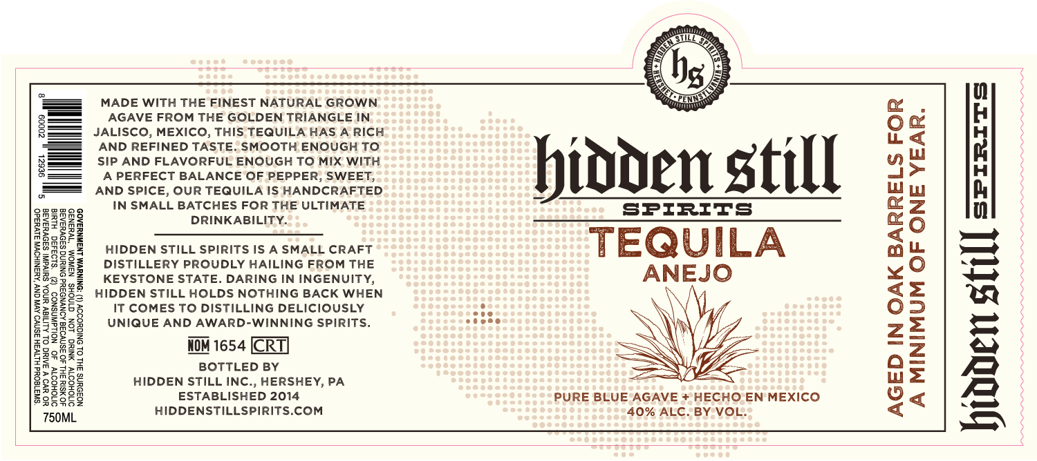 TABC label artwork for Hidden Still Spirits Anejo Tequila