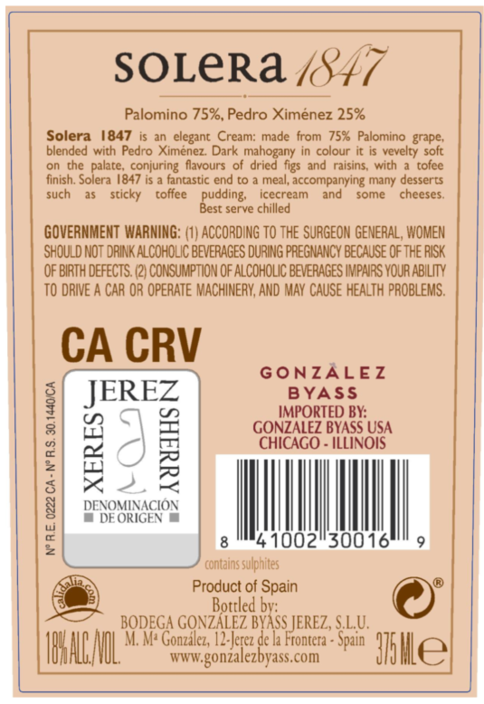 TABC label artwork for Gonzalez Byass Solera 1847 Jeres Xeres Sherry