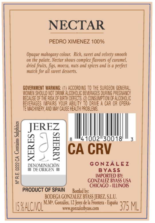 TABC label artwork for Gonzalez Byass Nectar Jerez Xerez Sherry