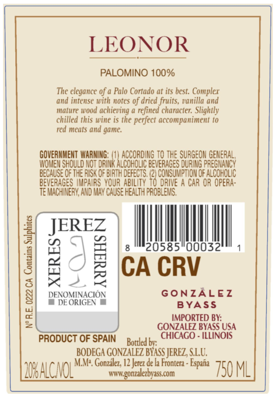 TABC label artwork for Gonzalez Byass Leonor Jerez Xeres Sherry