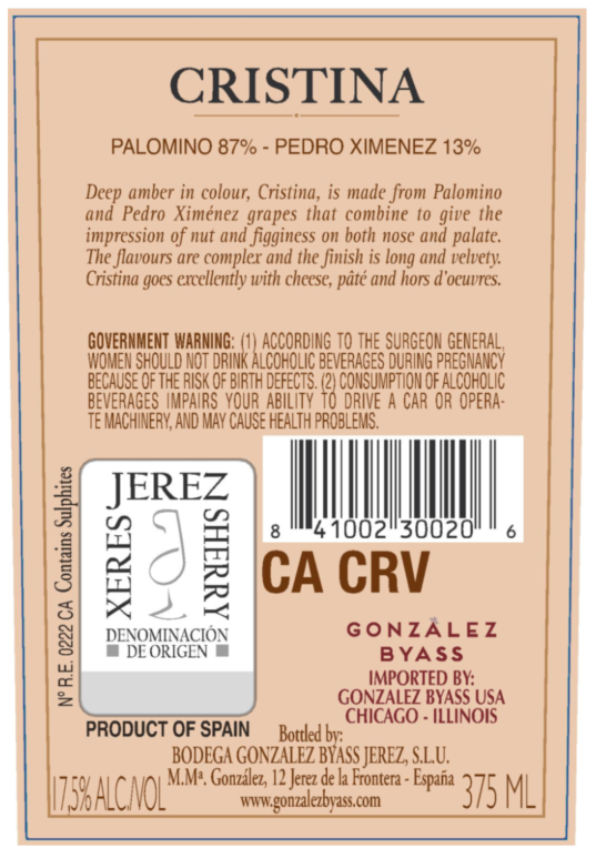 TABC label artwork for Gonzalez Byass Cristina Jerez Xeres Sherry