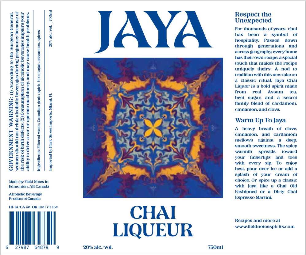 TABC label artwork for Jaya Chai Liqueur
