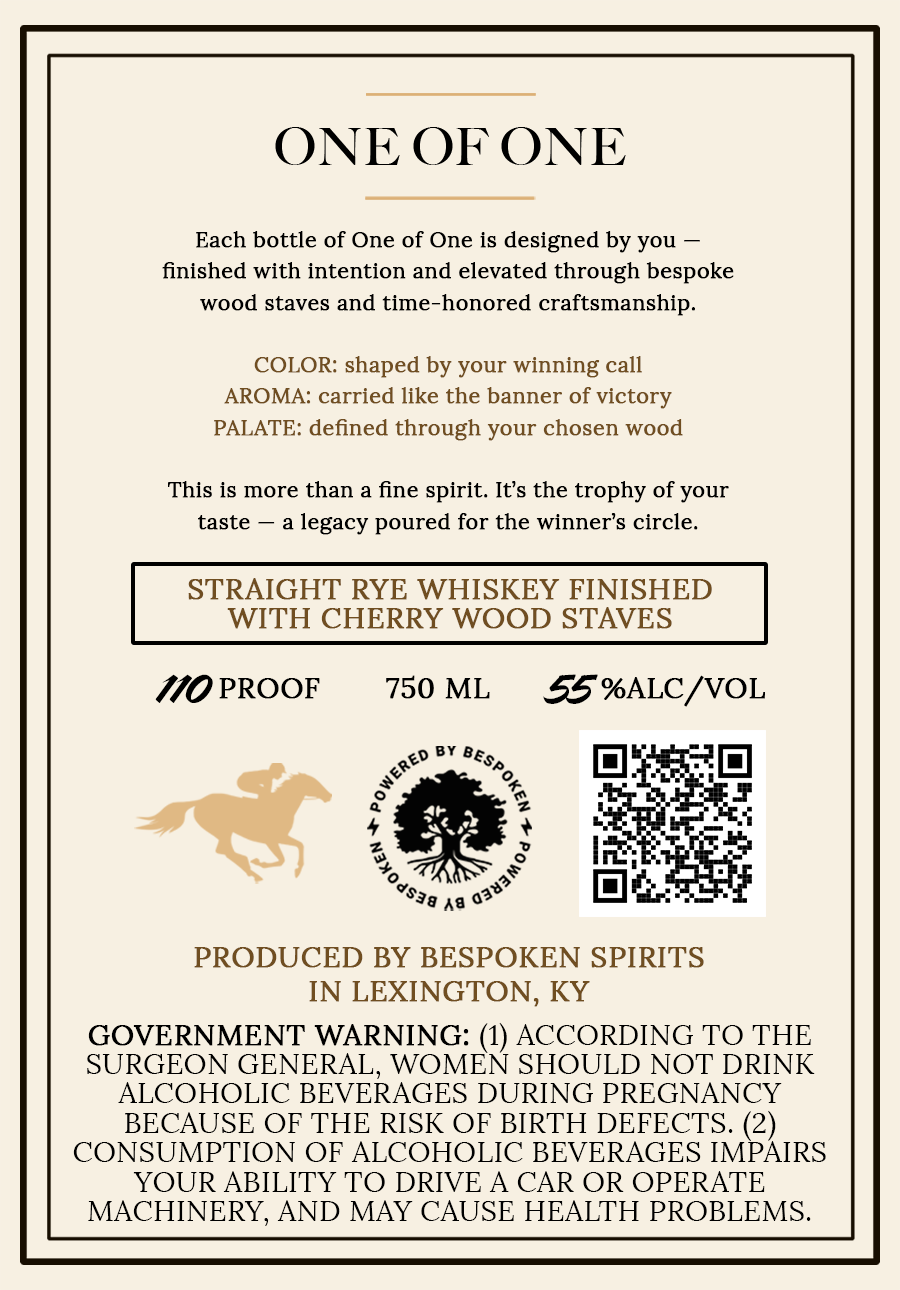 TABC label artwork for One of One Straight Rye Whiskey Finished With Cherry Wood Staves