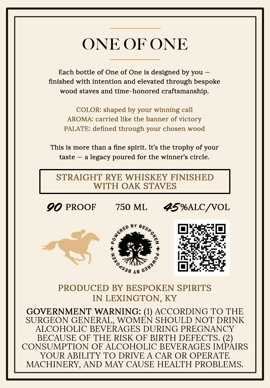 TABC label artwork for One of One Straight Rye Whiskey Finished With Oak Staves