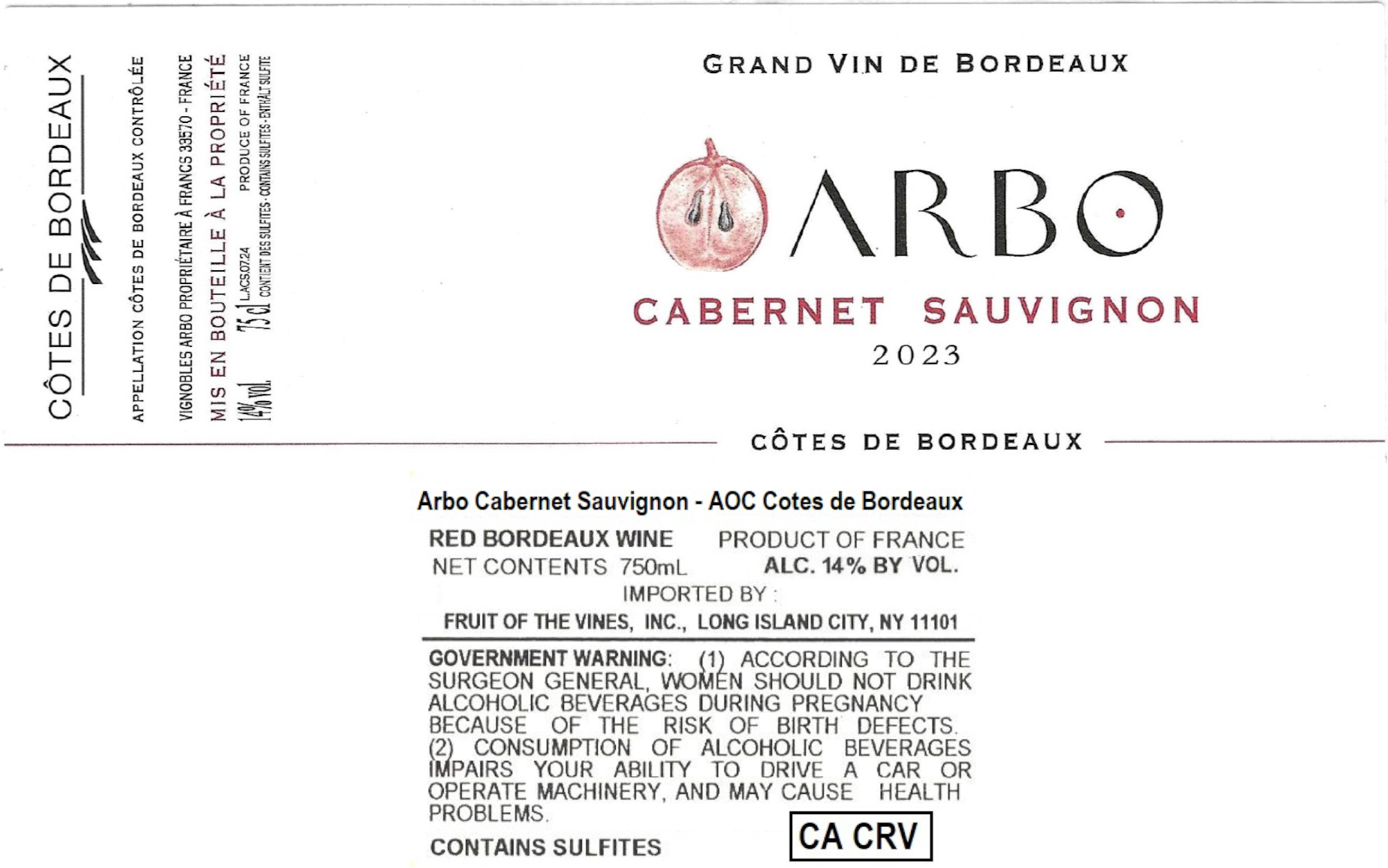 TABC label artwork for Arbo Cotes de Bordeaux Cabernet Sauvignon