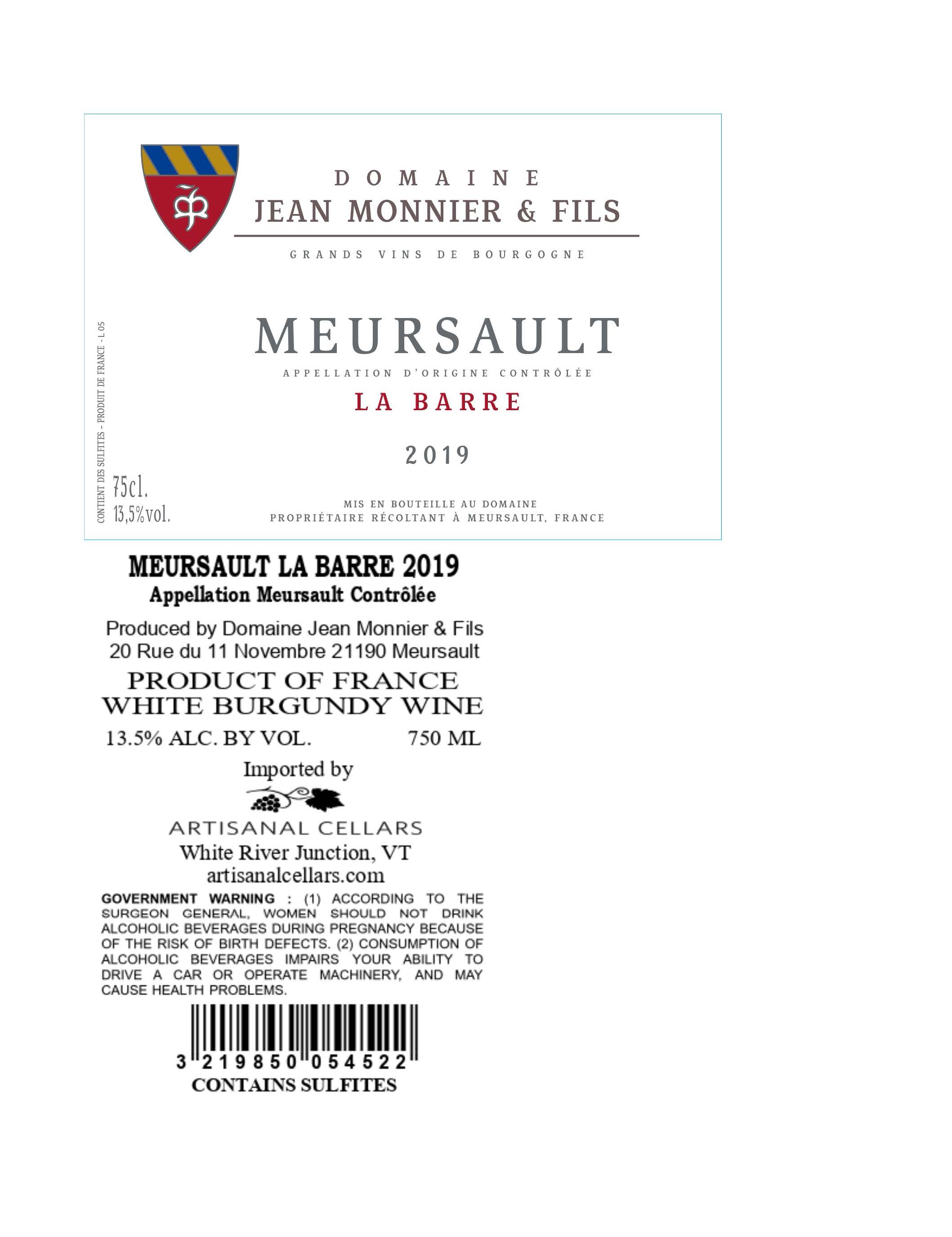 TABC label artwork for Domaine Jean Monnier & Fils Meursault "La Barre"