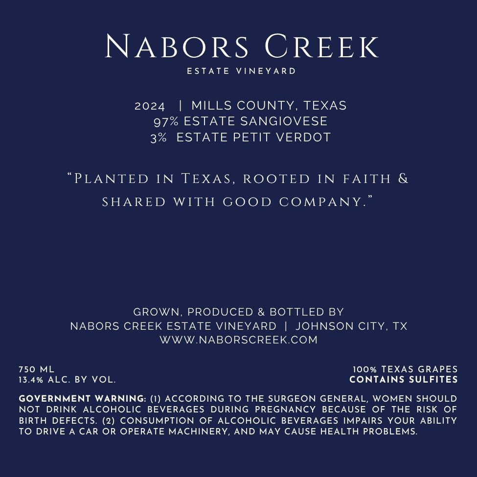 TABC label artwork for Nabors Creek Estate Vineyard Sangiovese