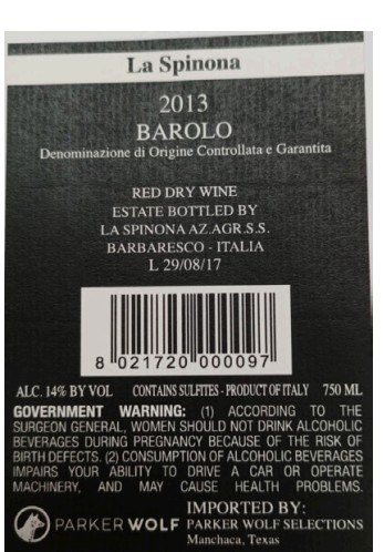 TABC label artwork for LA SPINONA SORI GEPIN RED WINE BAROLO DOCG