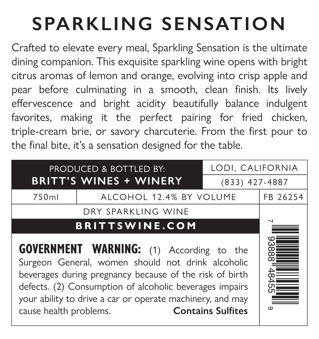 TABC label artwork for Britt's Wines + Winery Sparkling Sensation