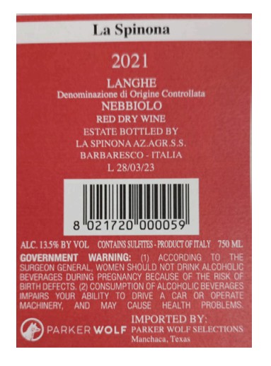 TABC label artwork for LA SPINONA NEBBIOLO LANGHE DOC