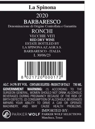 TABC label artwork for LA SPINONA RONCHI RED WINE BARBARESCO DOCG