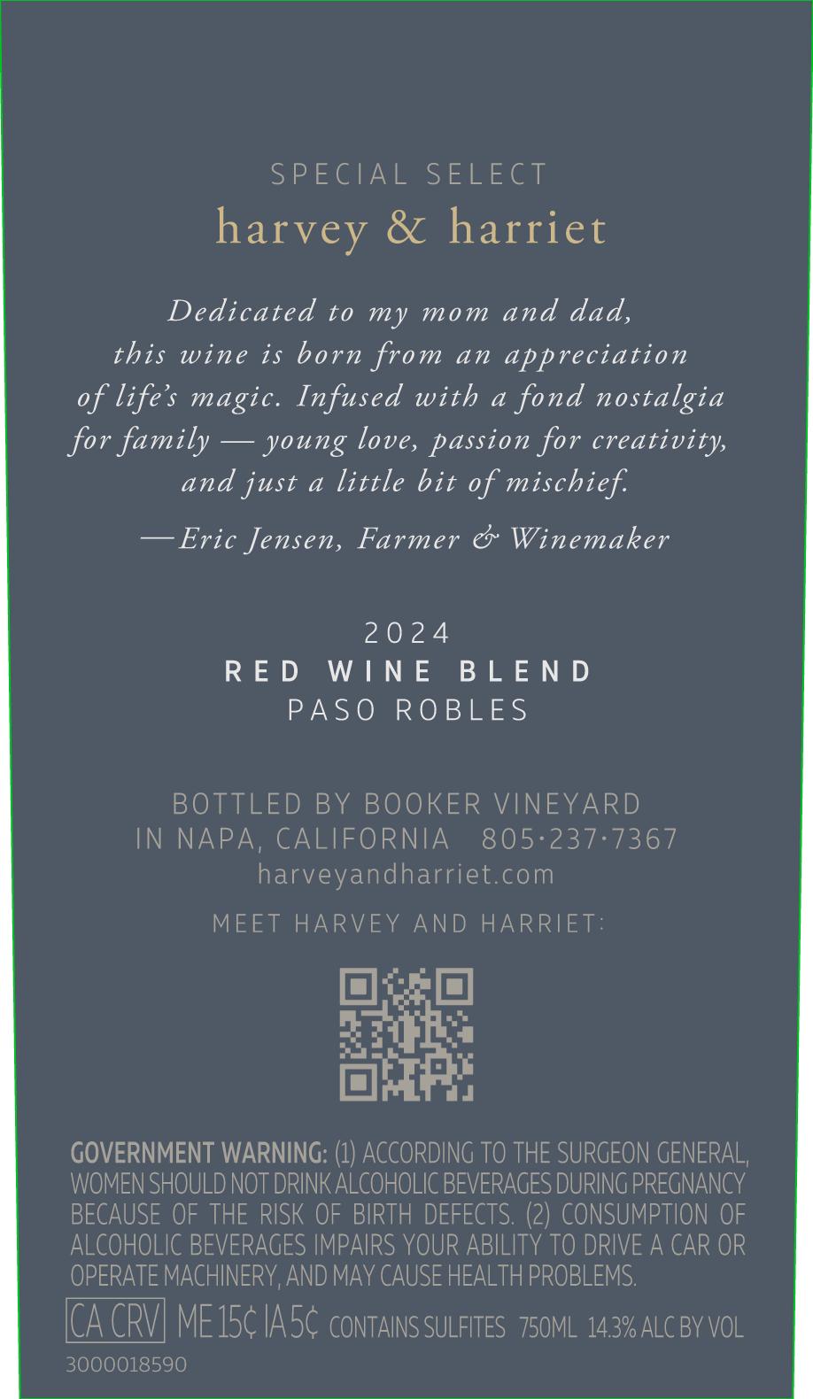 TABC label artwork for Harvey & Harriet Special Select Red Wine Blend Paso Robles