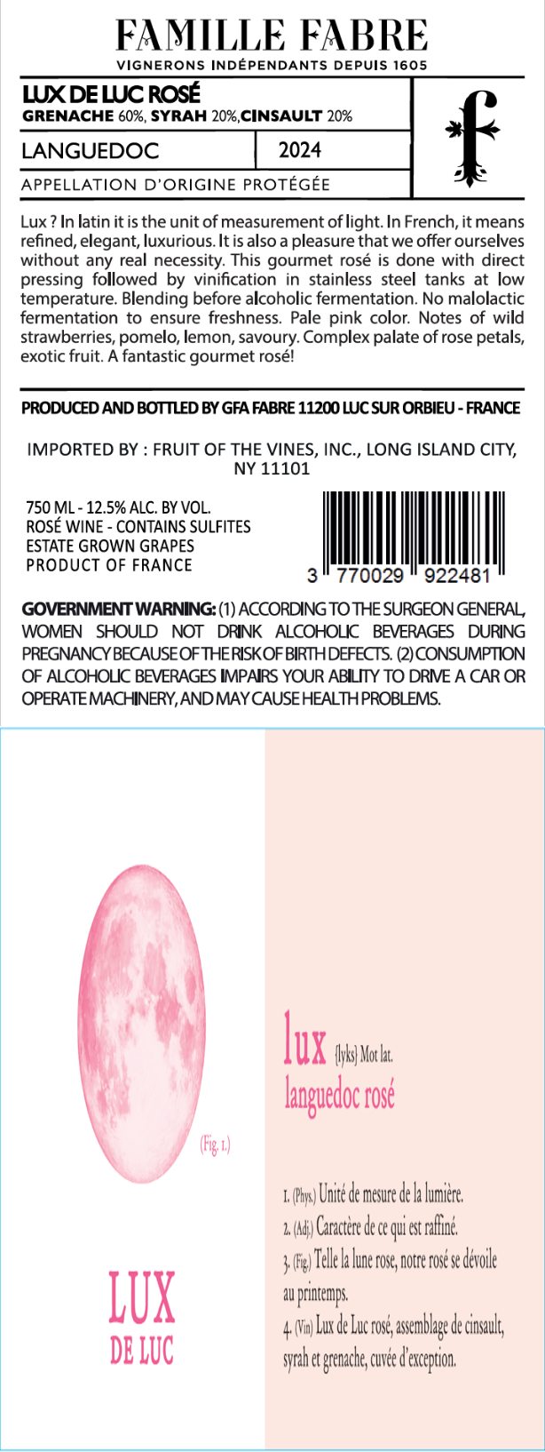 TABC label artwork for Famille Fabre Lux de Luc Languedoc Rose