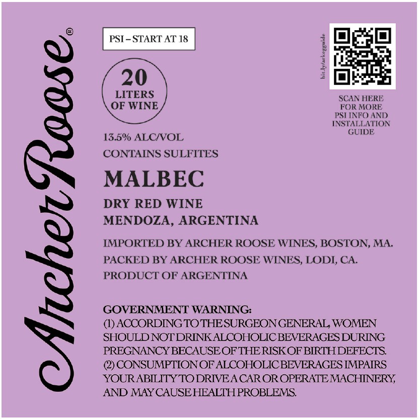 TABC label artwork for Archer Roose Malbec 20L