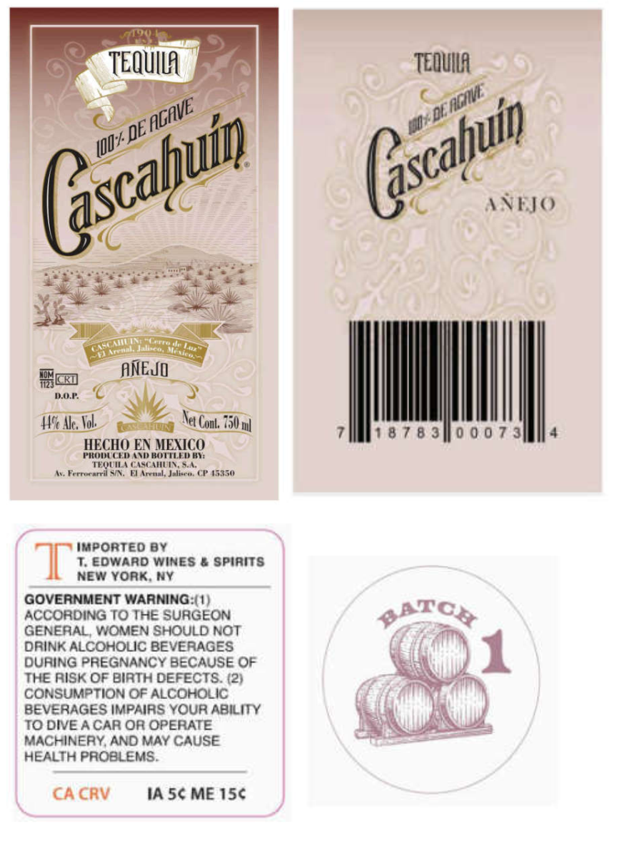 TABC label artwork for Tequila Cascahuín Añejo