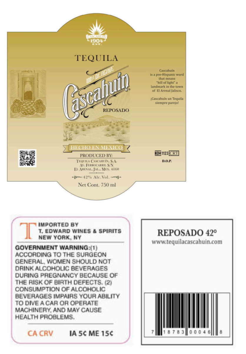 TABC label artwork for Tequila Cascahuín Reposado