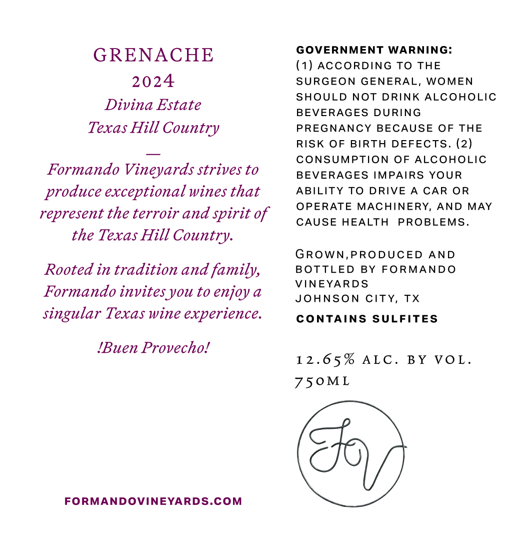 TABC label artwork for Formando Vuneyards Grenache