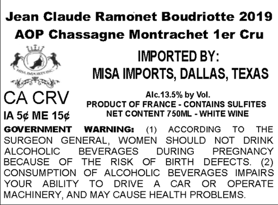 TABC label artwork for JEAN CLAUDE RAMONET BOUDRIOTTE