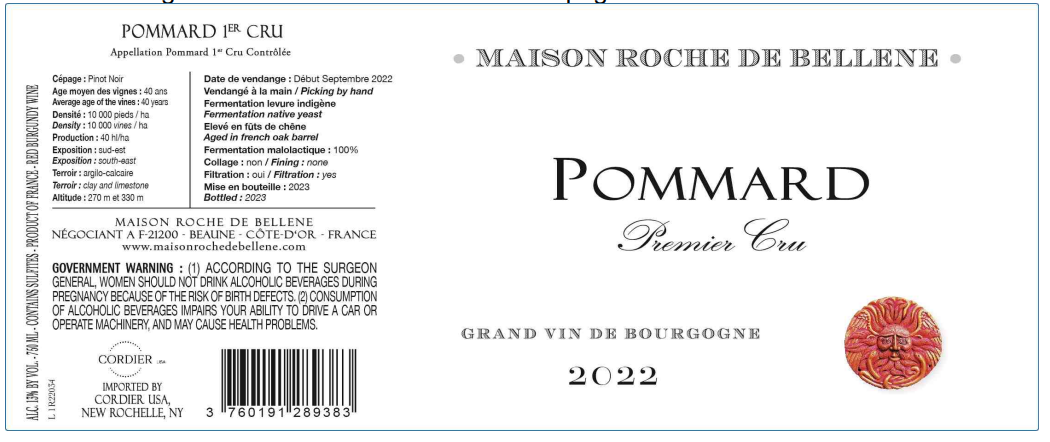 TABC label artwork for Maison Roche de Bellene Pommard 1C Red Wine