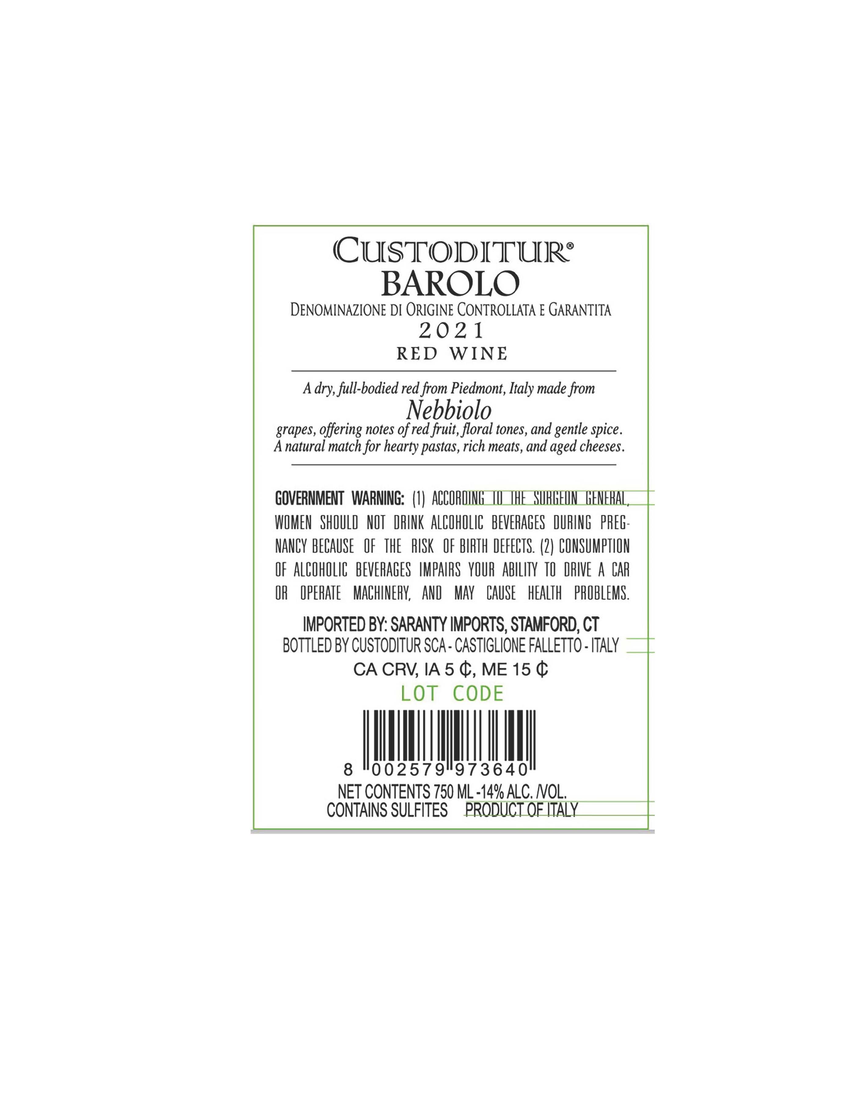 TABC label artwork for Custoditur Barolo
