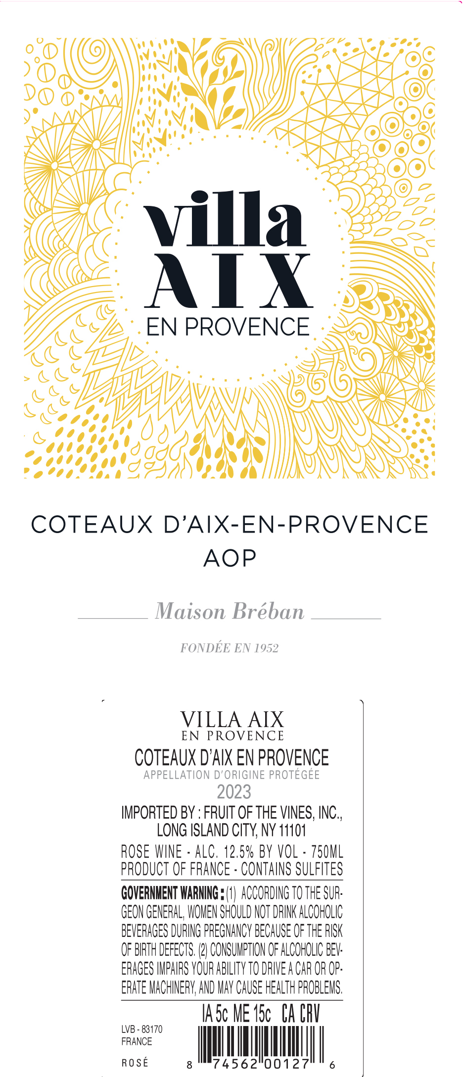 TABC label artwork for Villa Aix en Provence Coteaux d'Aix en Provence Rose