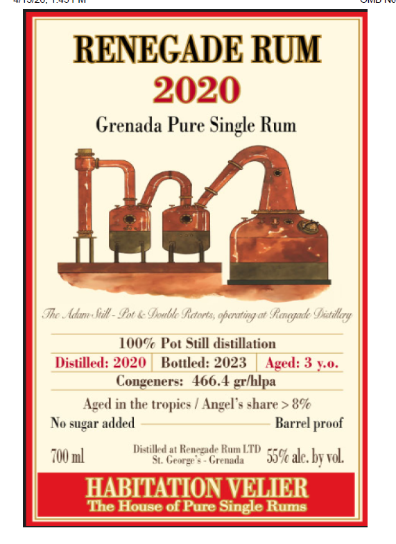TABC label artwork for Habitation Velier Renegade Rum 2020