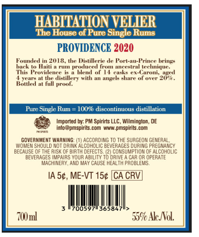 TABC label artwork for Habitation Velier Providence 2020