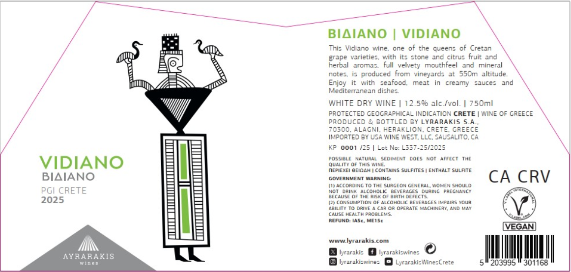 TABC label artwork for LYRARAKIS VIDIANO CRETE WHITE WINE