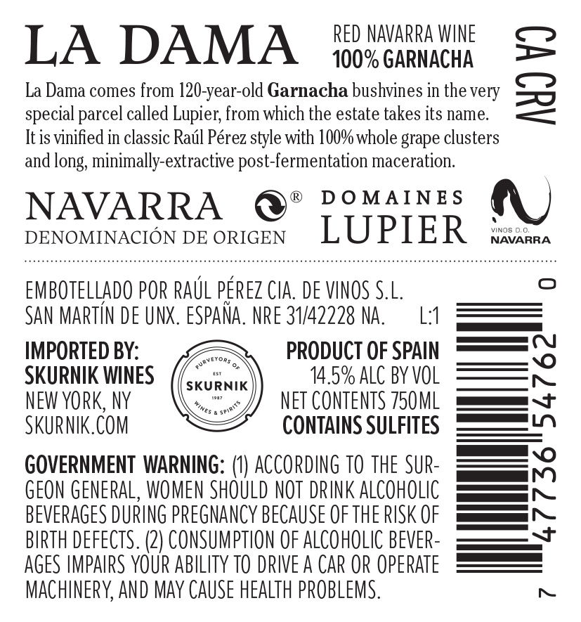 TABC label artwork for Navarra Tinto 'La Dama', Domaines Lupier [Raul Perez]