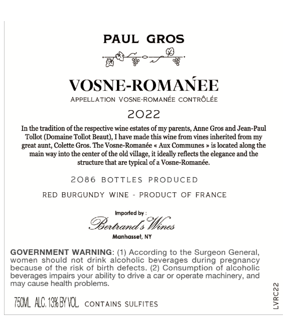 TABC label artwork for Paul Gros Vosne-Romanee Aux Communes