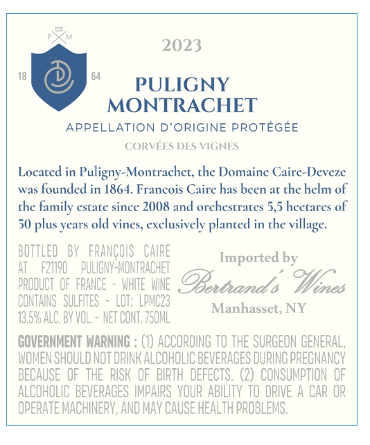 TABC label artwork for Domaine Caire Deveze Puligny-Montrachet Corvees de Vignes