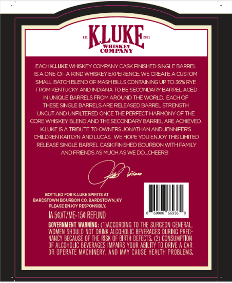 TABC label artwork for K.LUKE Cognac Cask Finished Bourbon Single Barrel