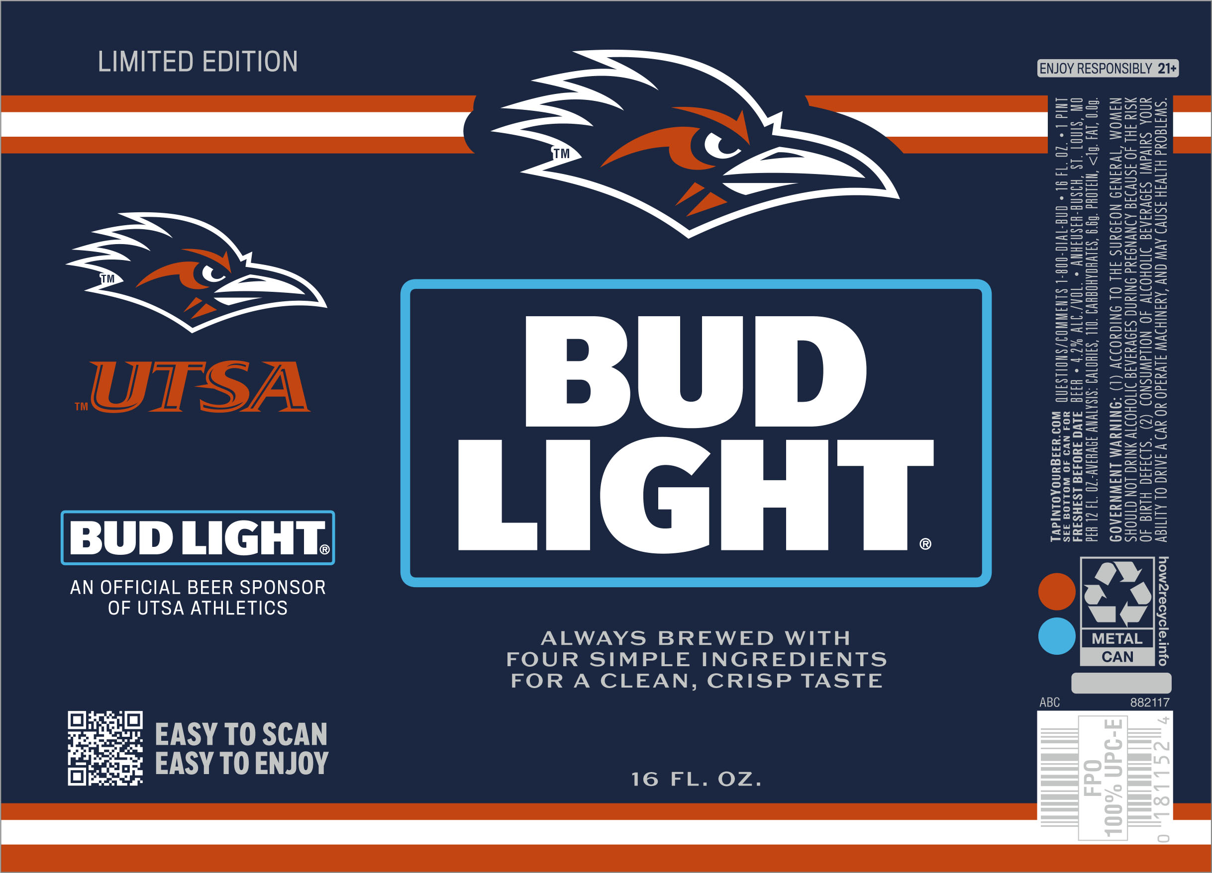 TABC label artwork for BUD LIGHT 2026 COLLEGE UNIVERSITY OF TEXAS SAN ANTONIO 12 OZ. CAN