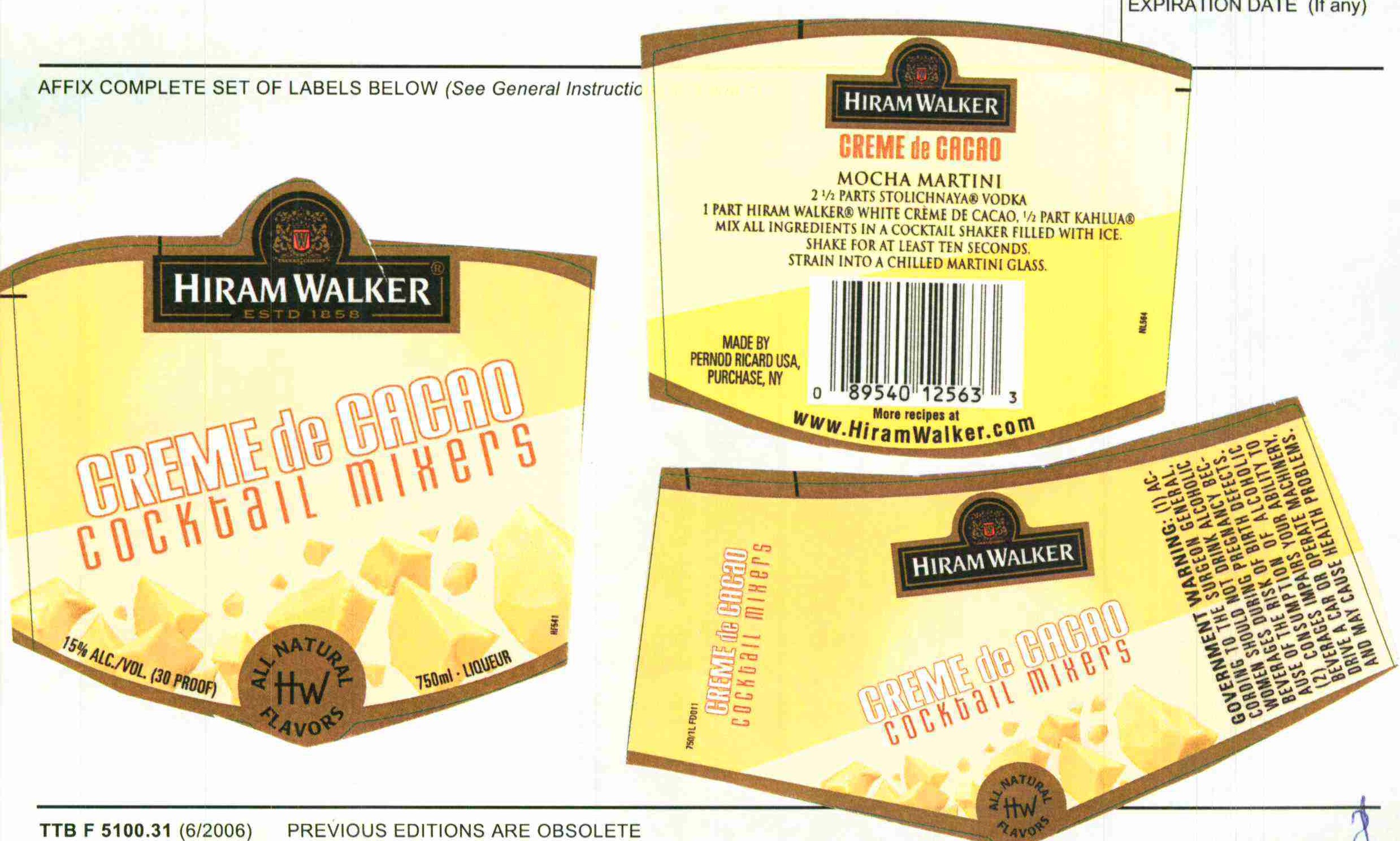 TABC label artwork for Hiram Walker Creme De Cacao White