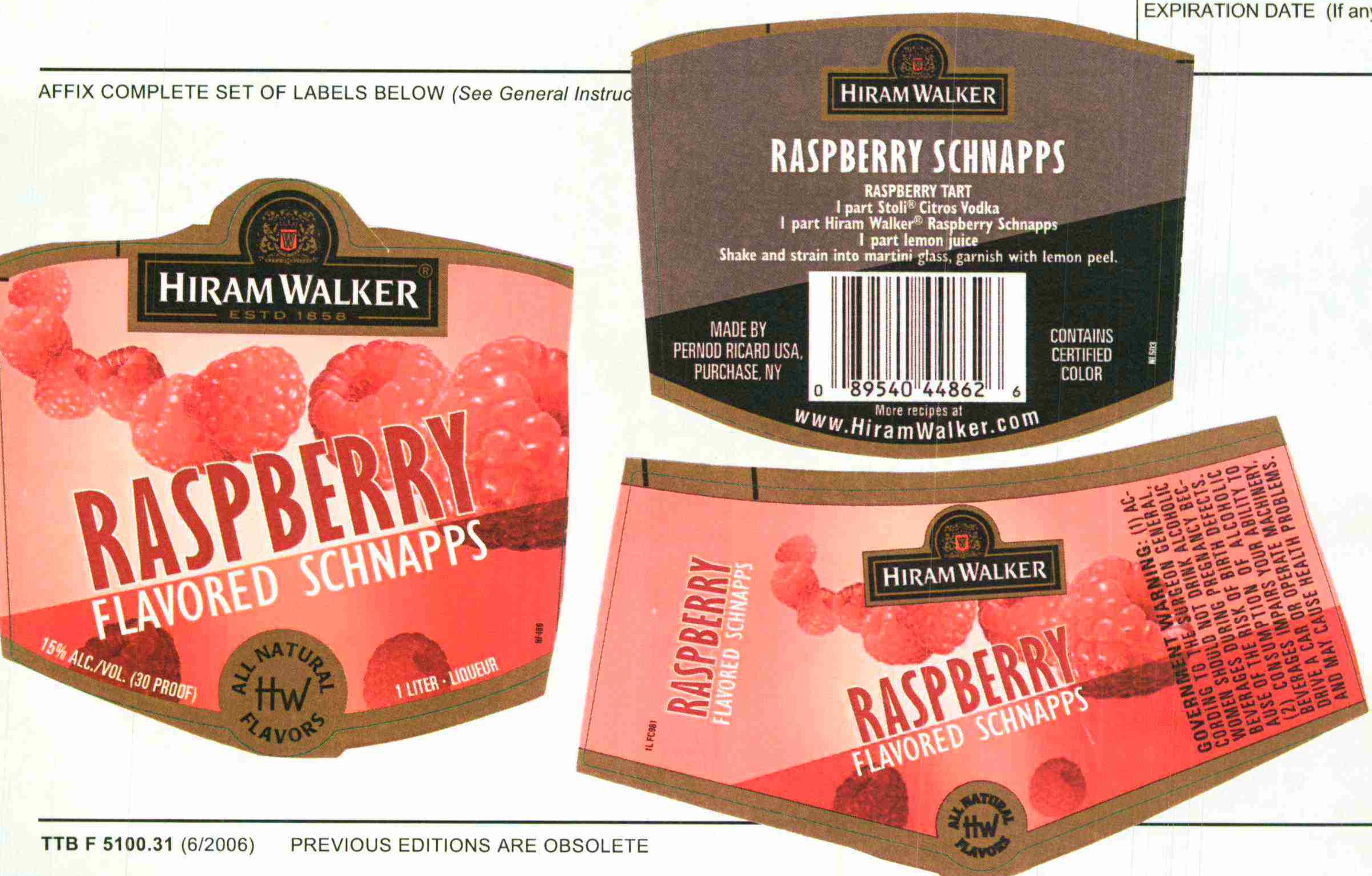 TABC label artwork for Hiram Walker Raspberry Schnapps