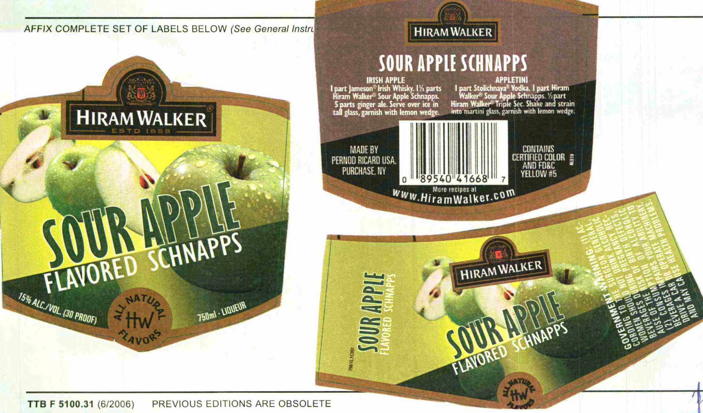 TABC label artwork for Hiram Walker Sour Apple Schnapps